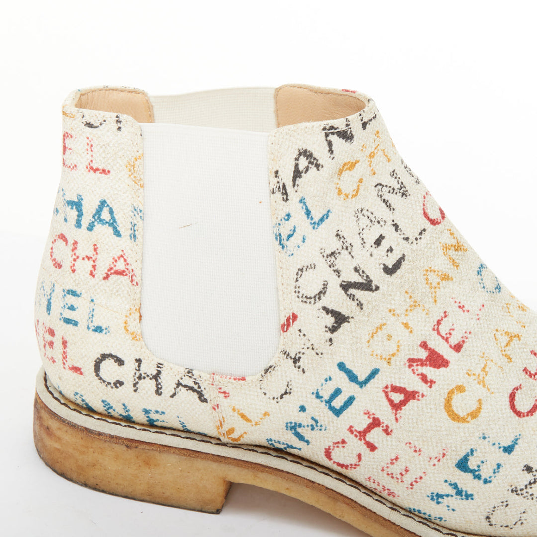 CHANEL 2014 Runway Graffiti multicolor logo print canvas chelsea boots EU40.5
