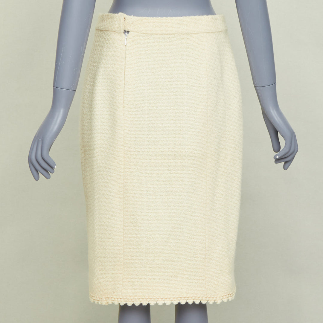 CHANEL Vintage cream wool tweed scalloped hem silk lined pencil skirt FR42 XL