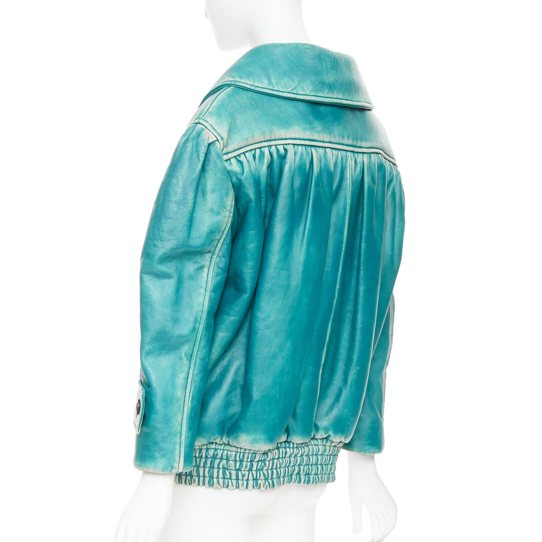 rare MIU MIU 2018 Runway green wash distress lambskin oversized jacket IT36 XXS