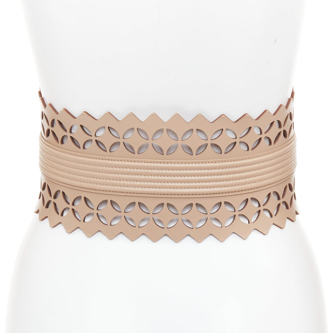 ALAIA  Vienne nude leather laser cut detail cinched corset wide belt 65cm