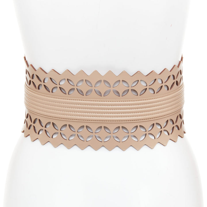 ALAIA  Vienne nude leather laser cut detail cinched corset wide belt 65cm