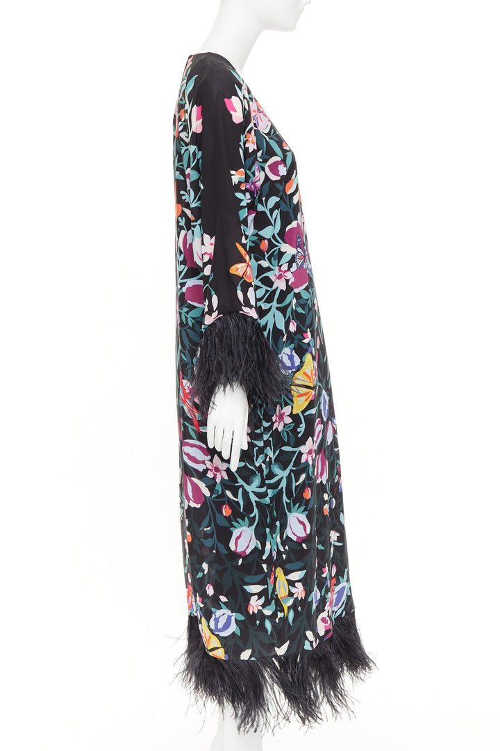 VALENTINO 2021 Runway black floral butterflies feather cuff maxi dress IT40 S