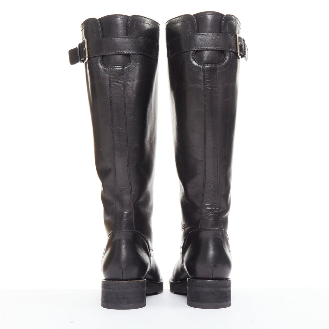 MARNI black leather silver buckle side round toe knee high boots EU37.5