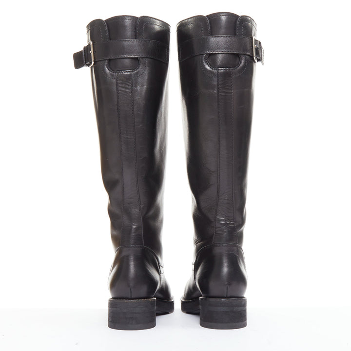 MARNI black leather silver buckle side round toe knee high boots EU37.5