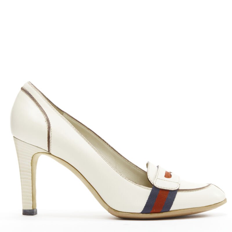 Female mannequin wearing Gucci Off White Leather Women Heels in Size EU36.5 | Available at JHROP