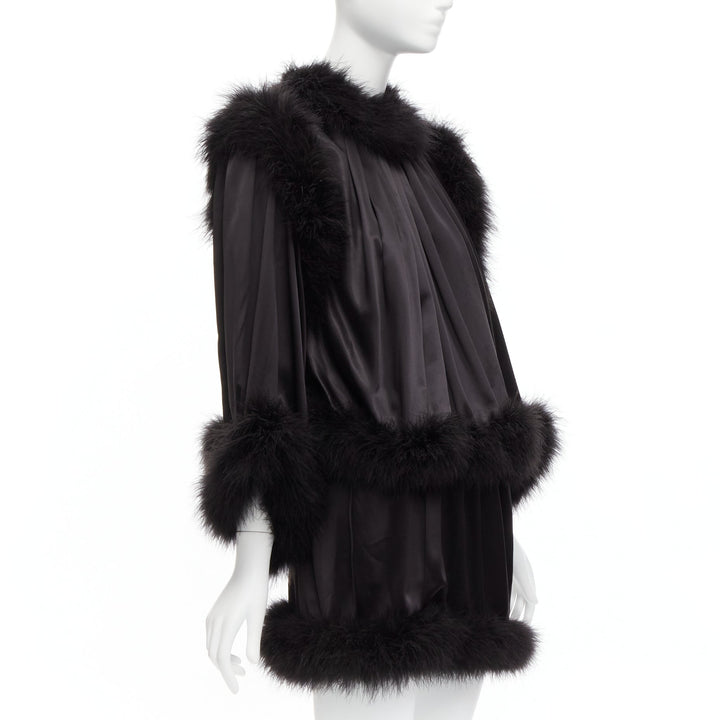 SAINT LAURENT 2021 Runway black feather trim silk wide layered mini dress FR40 L