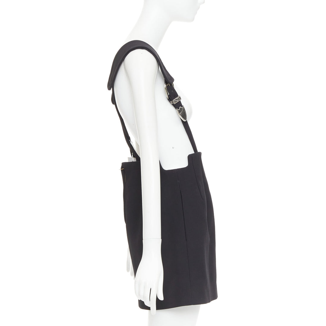 TOGA ARCHIVES Twill black leather western silver buckles suspender skirt FR36 S