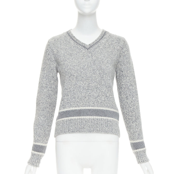CHRISTIAN DIOR 100% cashmere light grey wool striped logo sweater FR34 XS
