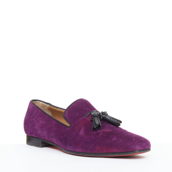 CHRISTIAN LOUBOUTIN Tassilo purple corduroy black spiked tassels loafer EU43