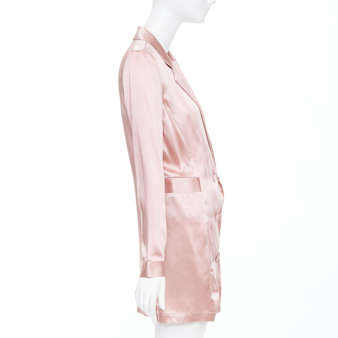 FLEUR DU MAL pink silky double breasted pocketed longline blazer coat US0 XS