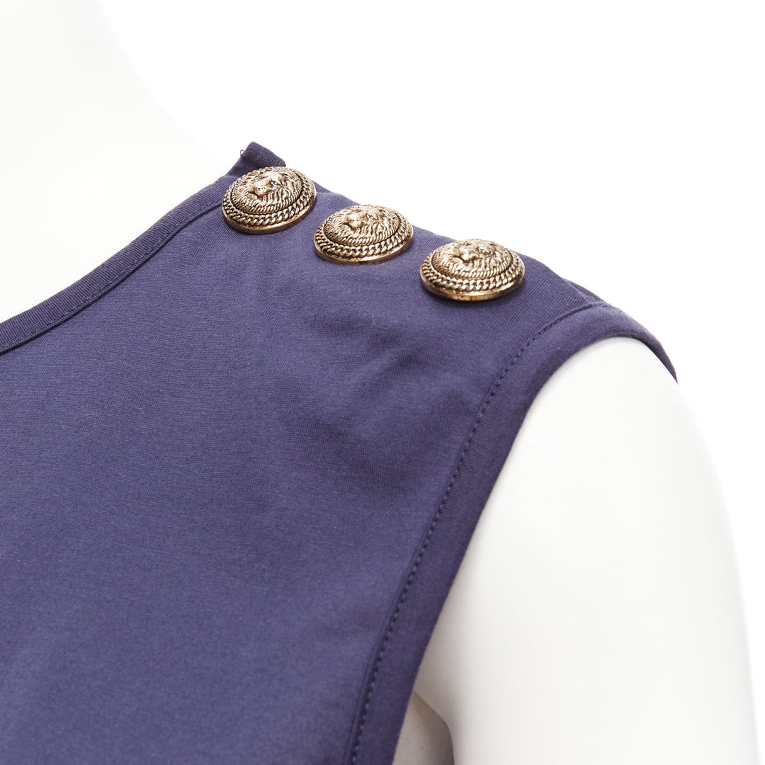 BALMAIN navy gold foil logo military button shoulder tank top FR34 XS