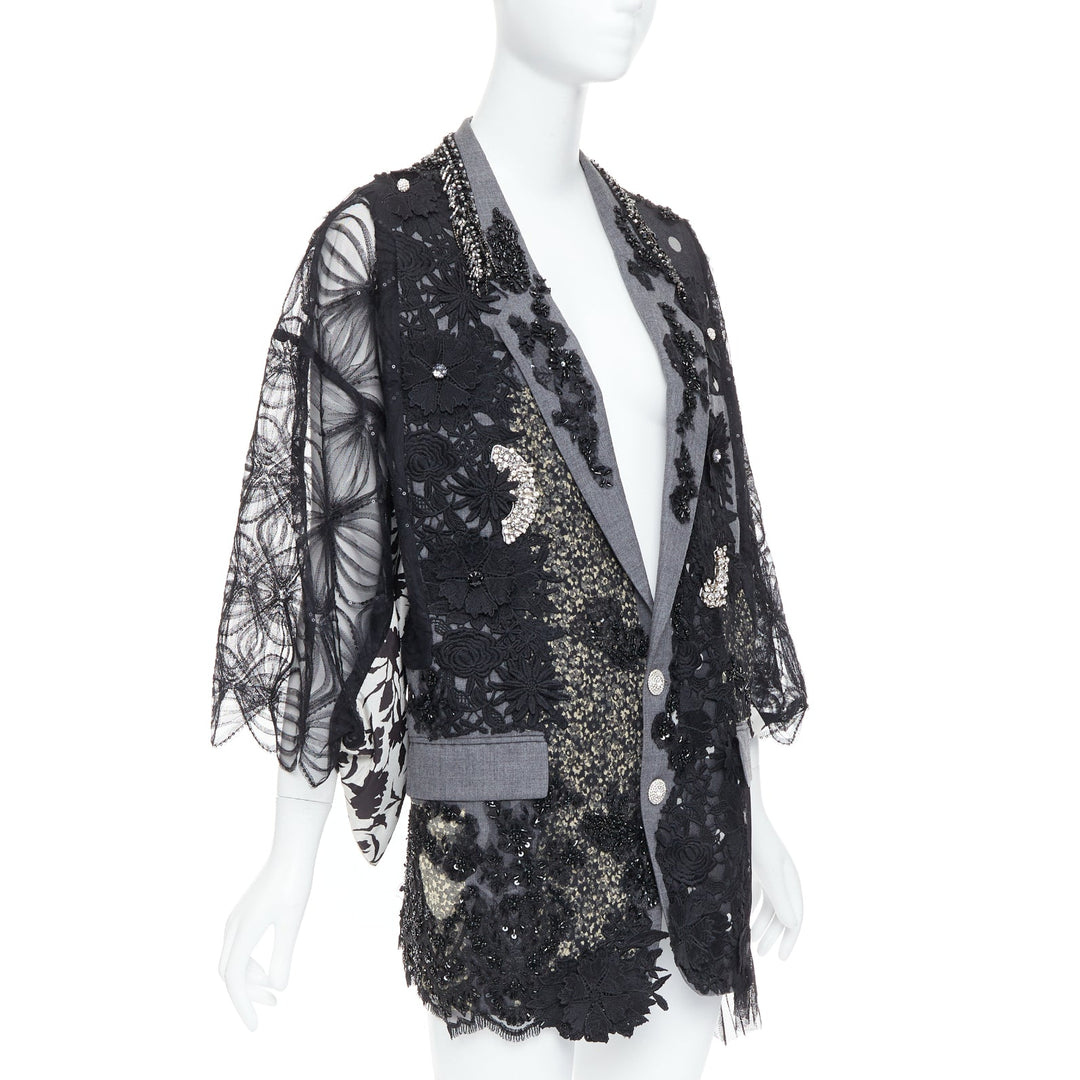 ANTONIO MARRAS black grey fleece wool embellished kimono blazer coat