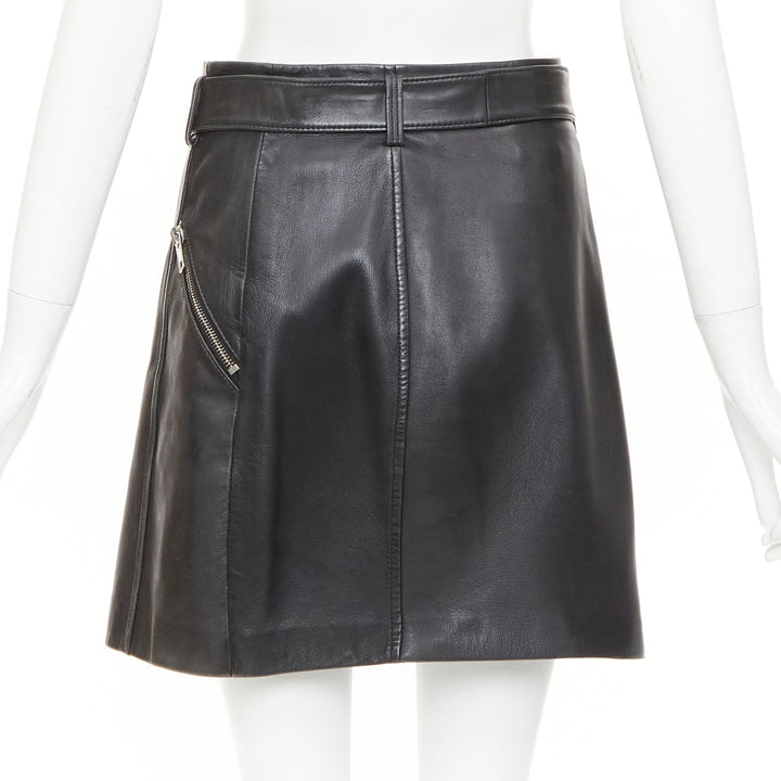 CLAUDIE PIERLOT black soft leather zip belted pocketed biker mini skirt FR36 S
