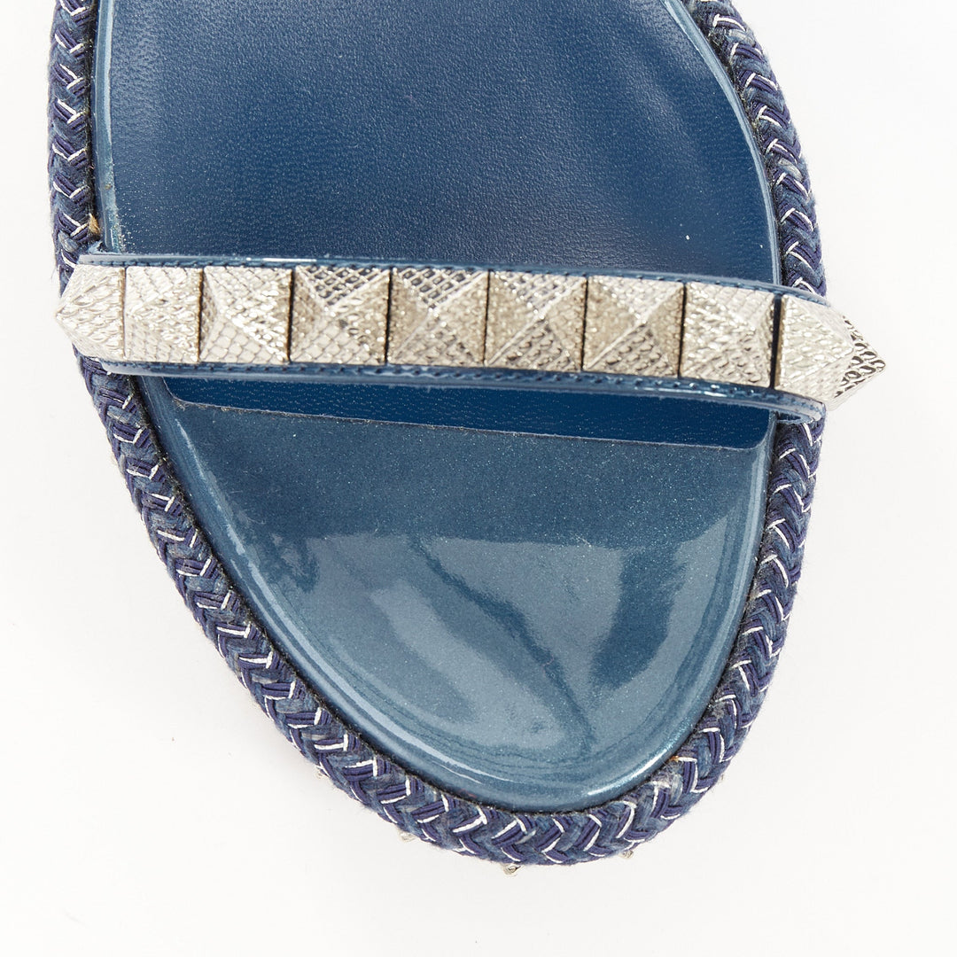 CHRISTIAN LOUBOUTIN Pyraclou 60 denim blue spikes platform wedges EU38