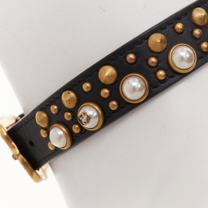 GUCCI 2017 black calfskin gold GG faux pearl embellished choker necklace