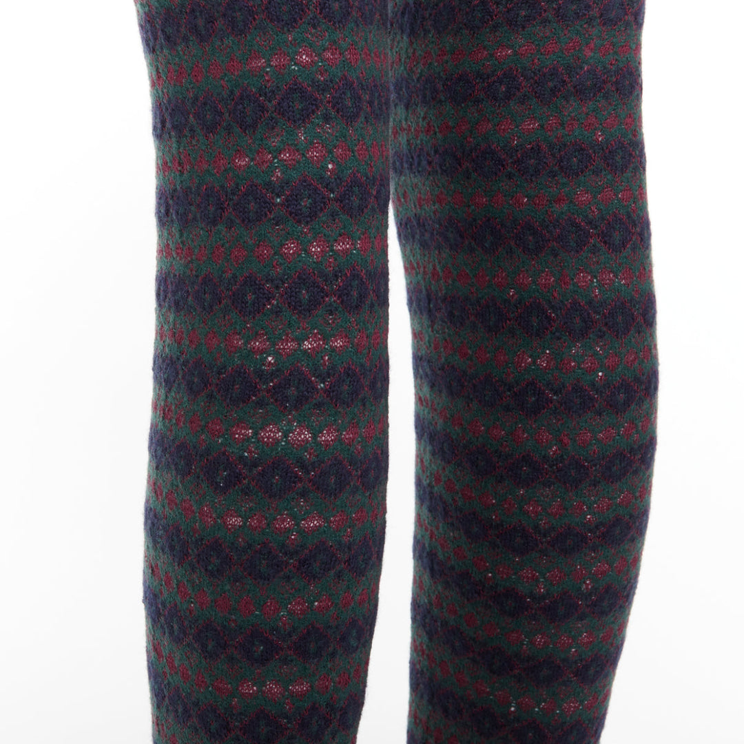 rare CHANEL logo charm navy green red striped cashmere silk thigh high socks M