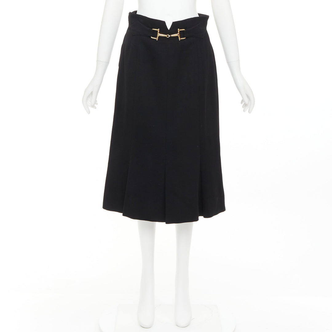 CELINE Michael Kors Vintage black 100% wool gold horsebit buckle skirt FR42 XL