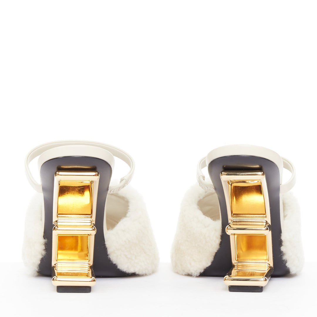 FENDI 2021 Runway First cream shearling gold F heel mule sandals EU35