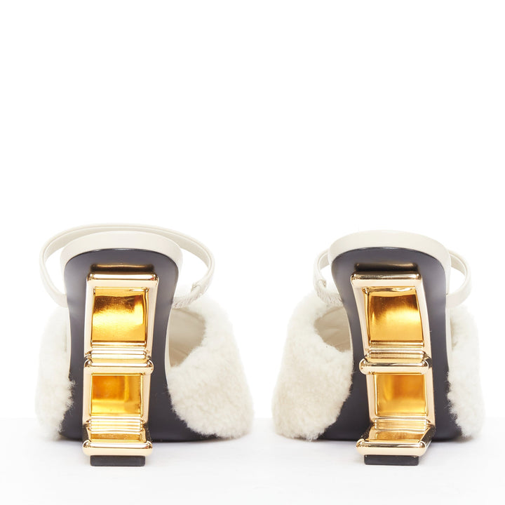 FENDI 2021 Runway First cream shearling gold F heel mule sandals EU35
