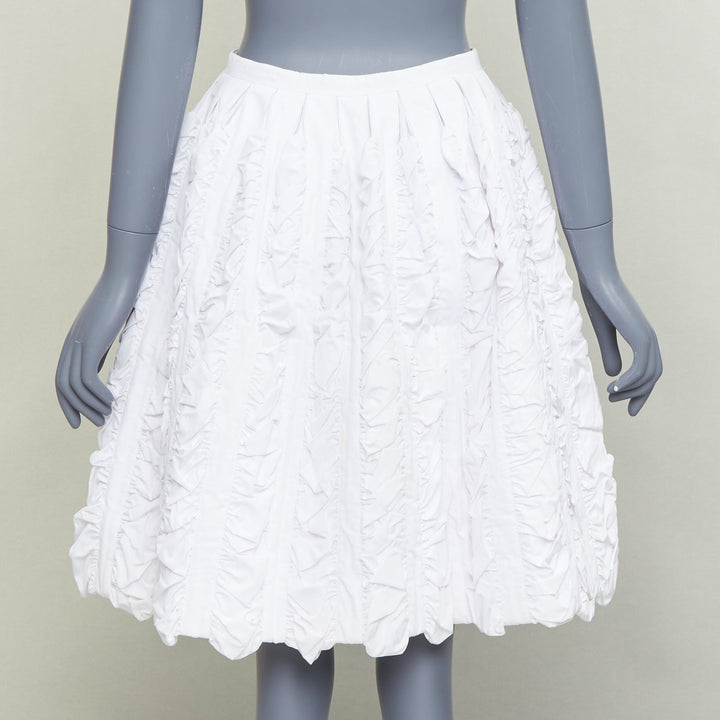 ALAIA Vintage white double cotton crumpled shirred panelled flared skirt FR40 L