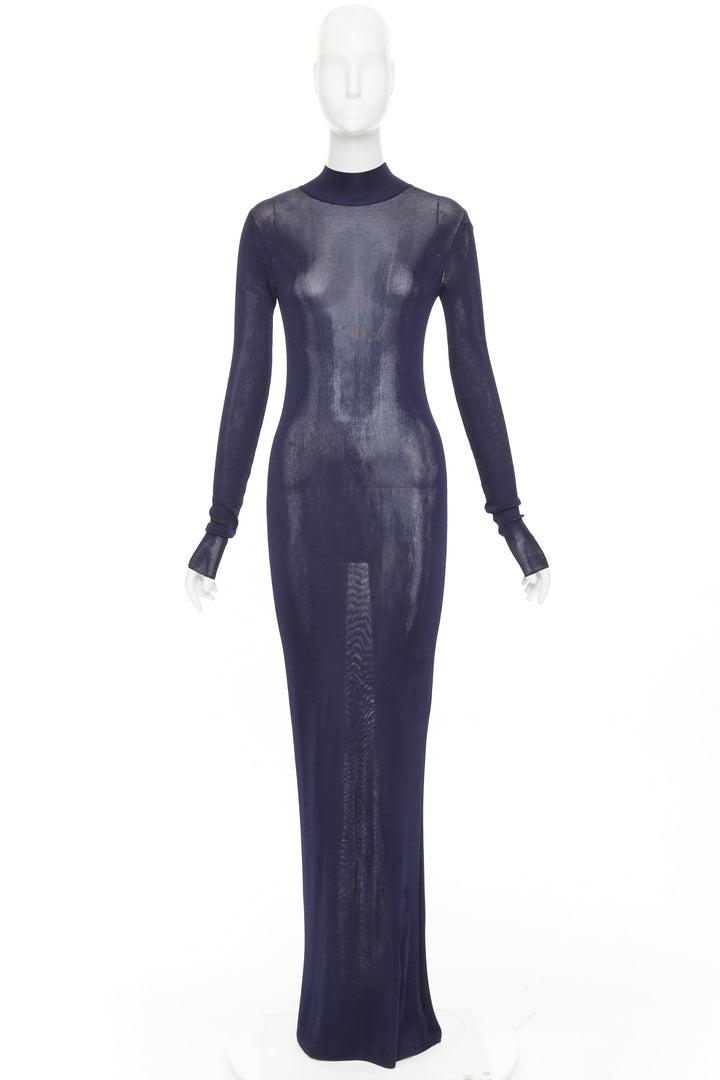 SAINT LAURENT 2023 Runway navy blue fine viscose mesh turtleneck sheer dress S