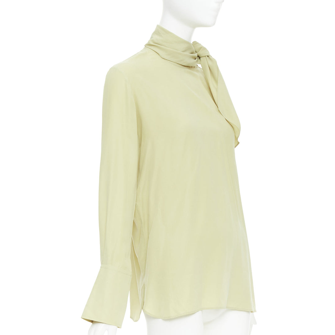 JOSEPH Geoff pea green silk toile tie neck buttons long sleeve blouse FR36 S