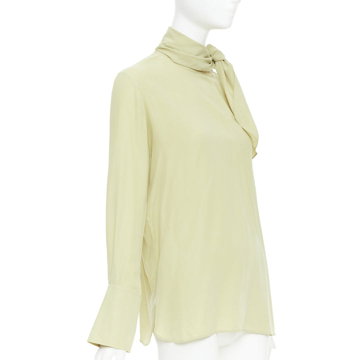 JOSEPH Geoff pea green silk toile tie neck buttons long sleeve blouse FR36 S