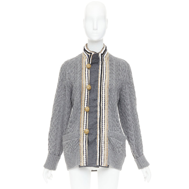 SACAI 2017 grey wool metallic military baroque trim cable knit cardigan JP1 S