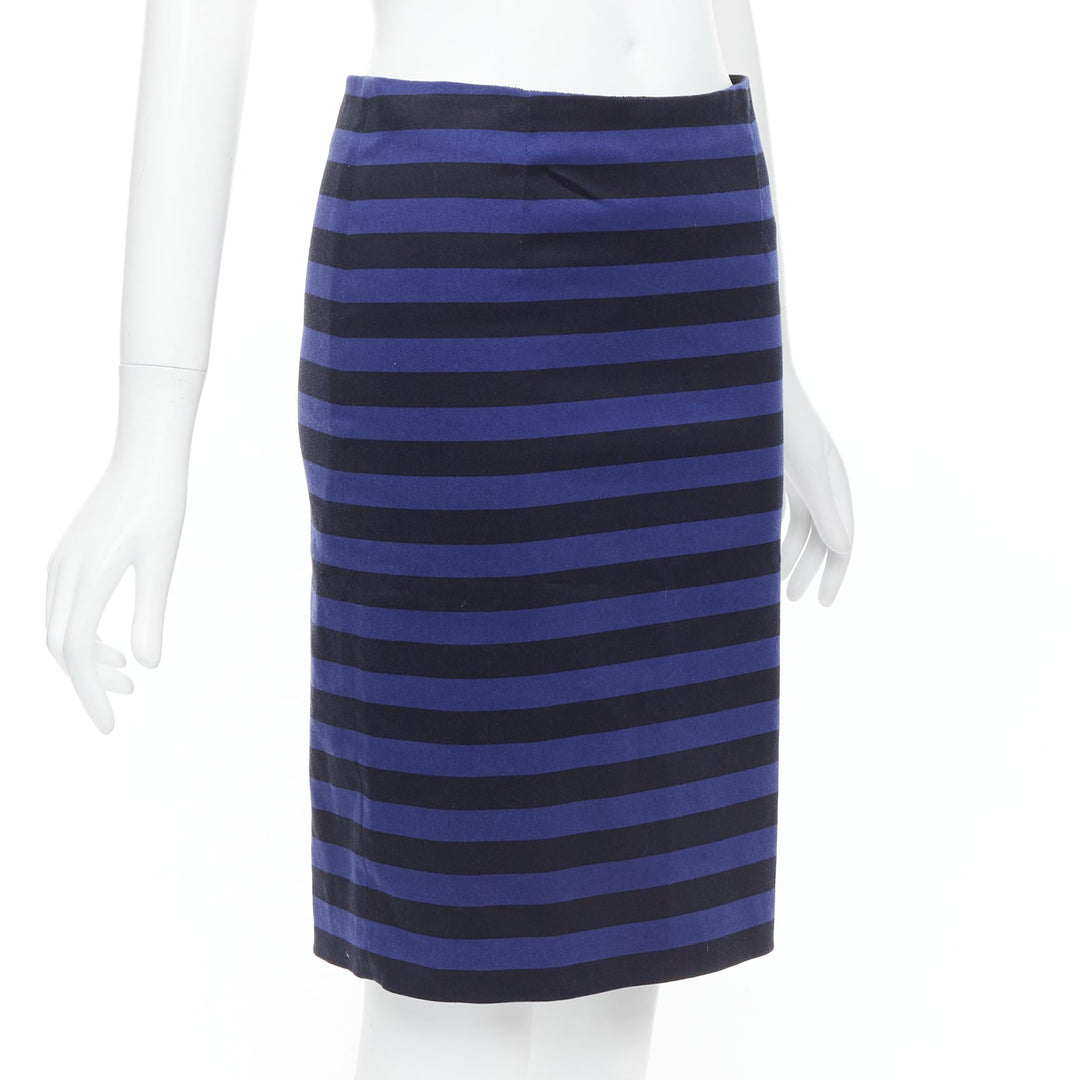 PRADA blue black striped back slit waist darts pencil skirt IT38 S