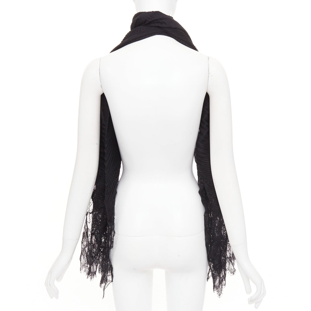 VALENTINO black cashmere bend pleated delicate floral lace trim long scarf
