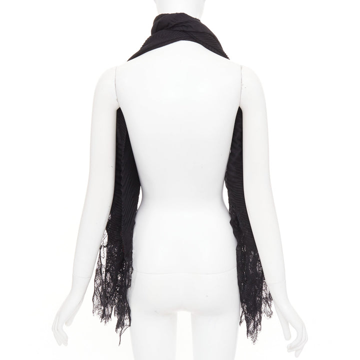 VALENTINO black cashmere bend pleated delicate floral lace trim long scarf