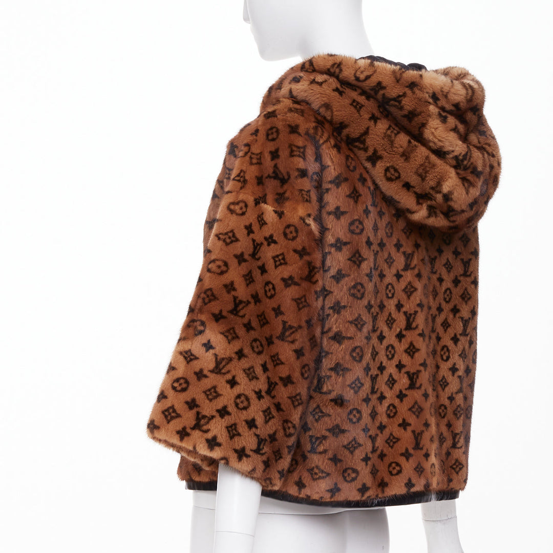 LOUIS VUITTON 2022 Monogram Mink Fur drawstring zip up hooded jacket FR34 XS