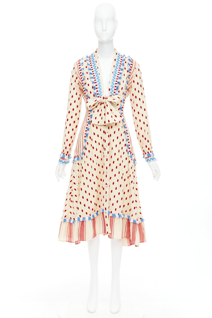 DODO BAR OR Padma beige red blue knotted embroidery cotton boho dress US0 XS