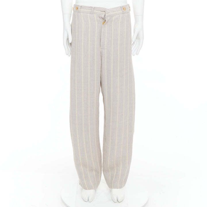 YOHJI YAMAMOTO grey yellow striped rayon linen button waist wide pants M