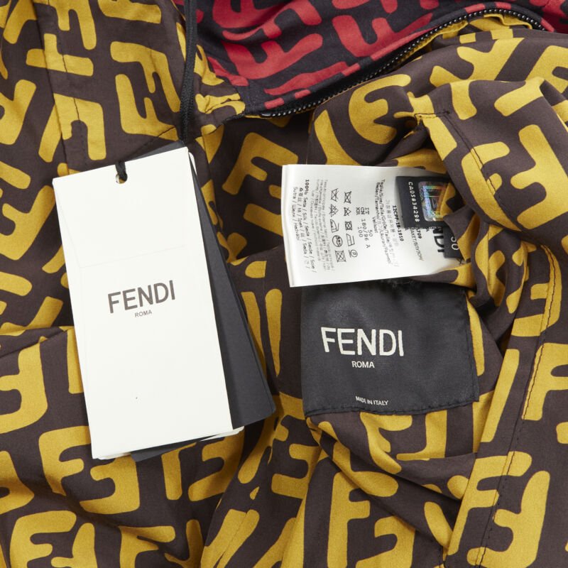 Runway FENDI 2019 reversible 100% silk Zucca monogram yellow red jacket IT50