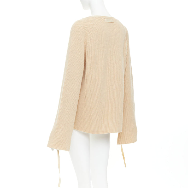 HELMUT LANG beige wool cashmere lace up sleeves relaxed oversized sweater M
