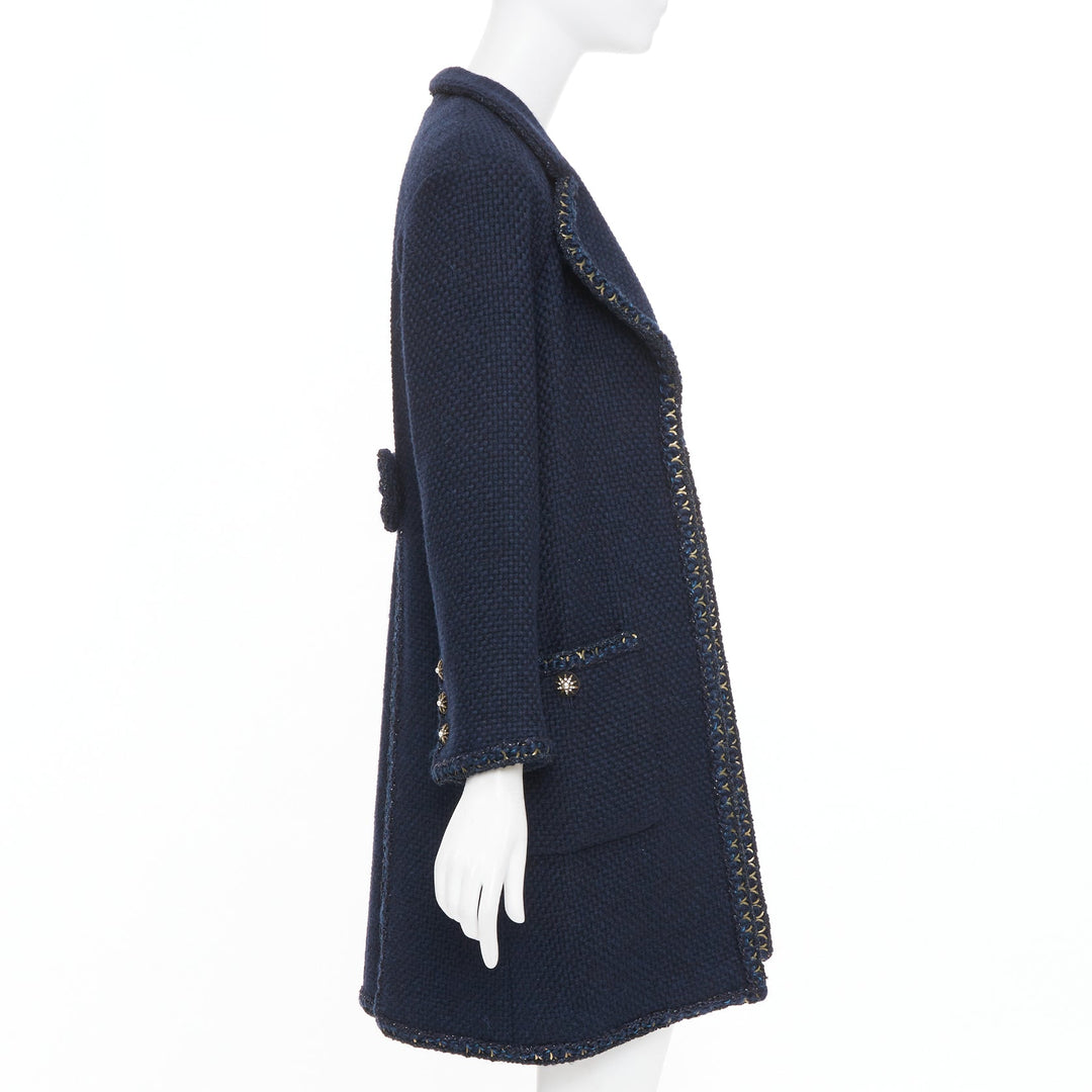 CHANEL 2015 Paris Salzburg navy alpaca blend braid trim open tweed coat FR34 XS