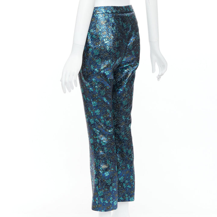 PRADA metallic blue green floral lurex brocade crop pants trousers IT38 XS