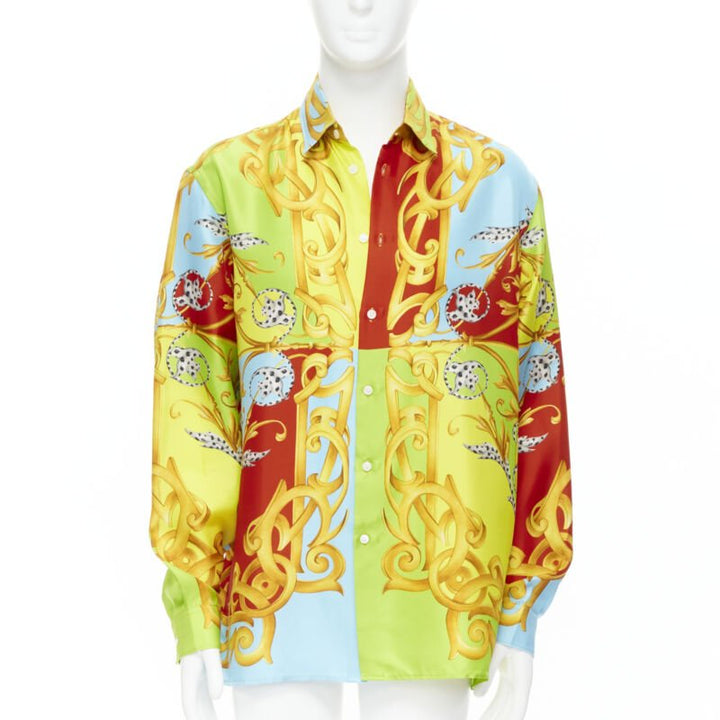 Male mannequin wearing Versace by Donatella Versace 2020 Capsule: Pop Acanthus Runway Multicolour Silk Men Shirt in Size EU40 | Available at JHROP