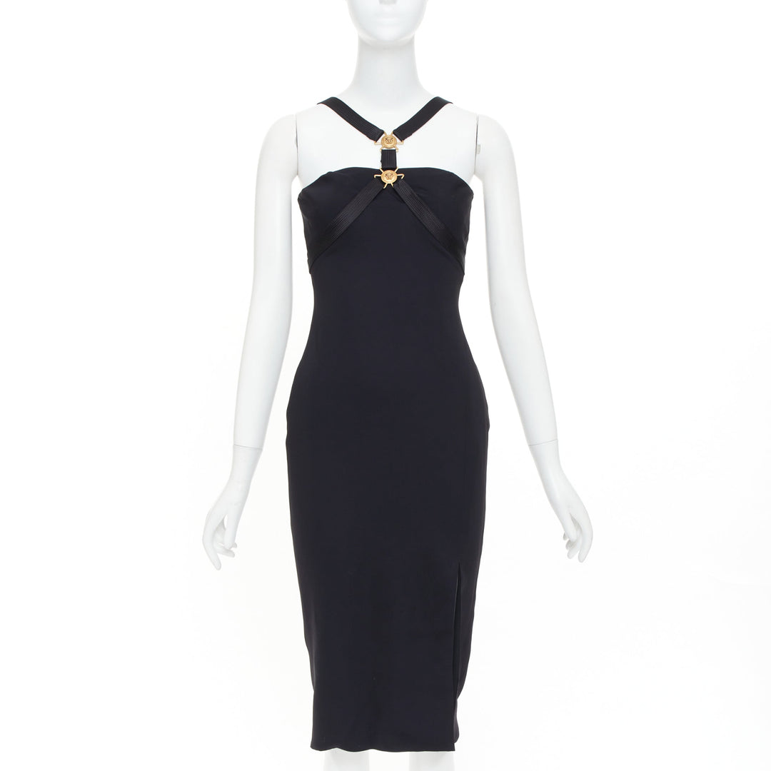 VERSACE black gold Medusa plaque bondage accent midi harness dress IT38 XS