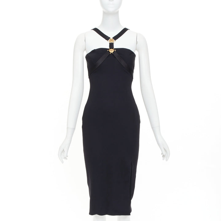 VERSACE black gold Medusa plaque bondage accent midi harness dress IT38 XS