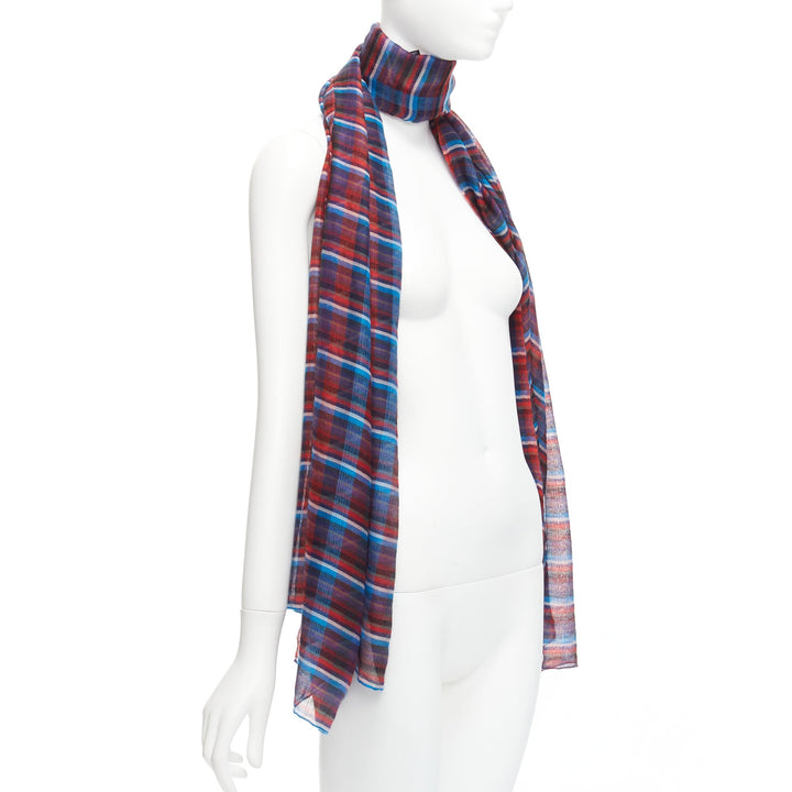 HERMES blue red checkered cashmere silk long wrap rectangular scarf