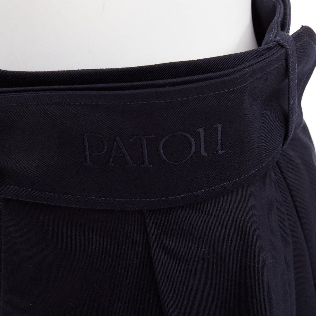 PATOU navy cotton front button box pleat belted flared mini skirt FR38 M