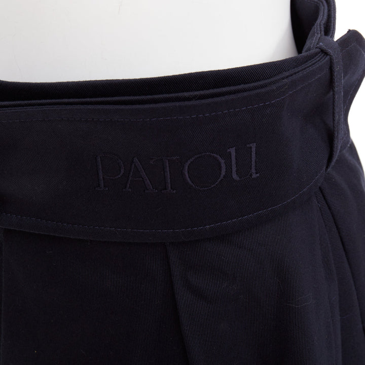PATOU navy cotton front button box pleat belted flared mini skirt FR38 M