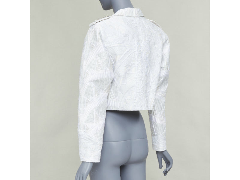 LOUIS VUITTON 2020 Runway ivory silver brocade military crop biker jacket FR36 S