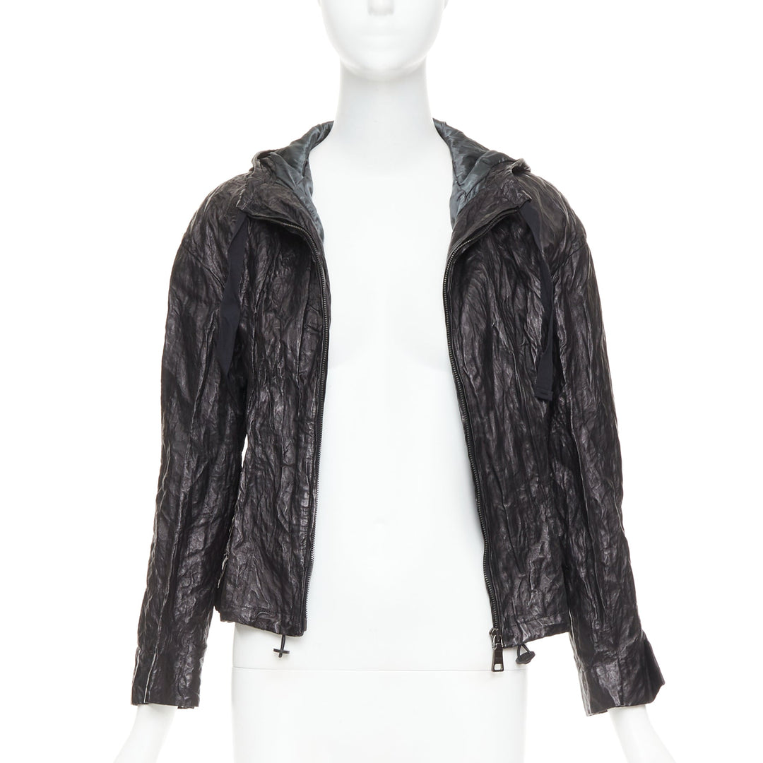 PRADA 2011 Vintage black 100% lambskin crinkled hooded jacket IT36 XXS