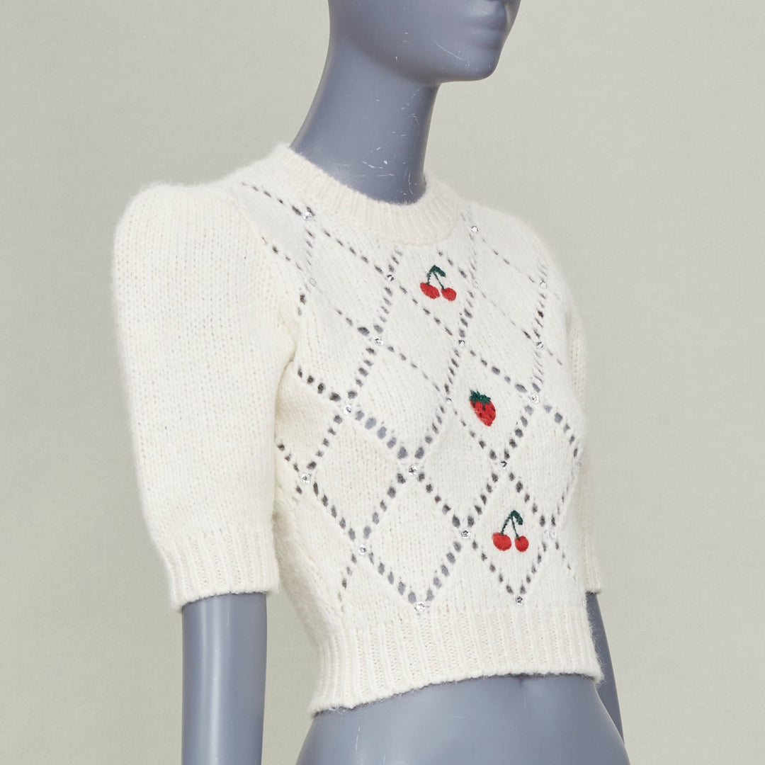 ALESSANDRA RICH 2023 fruit embroidered pointelle knit ivory alpaca top IT36 XS