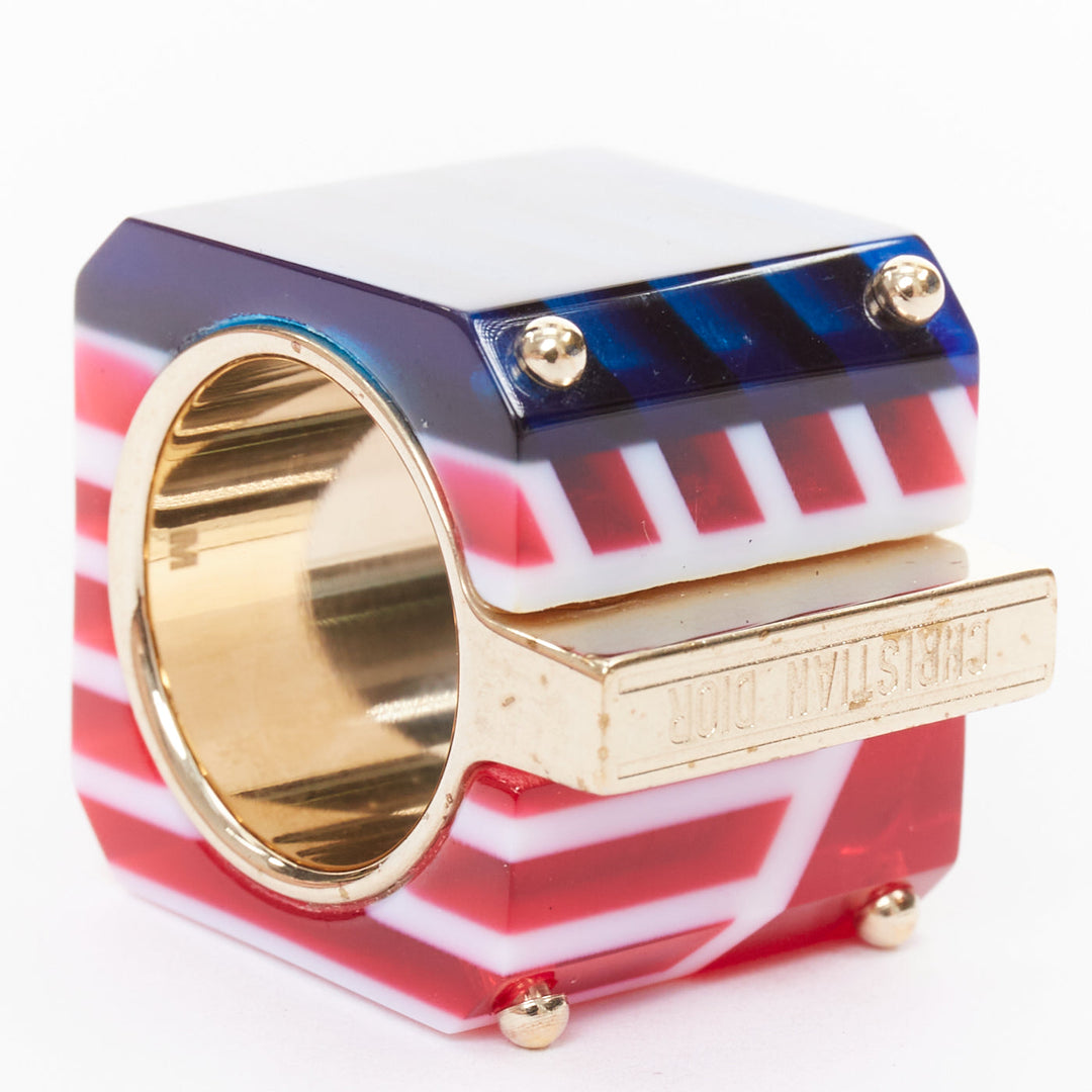 DIOR 2922 Sorbet Cube red blue geometric resin gold logo statement ring US6.5