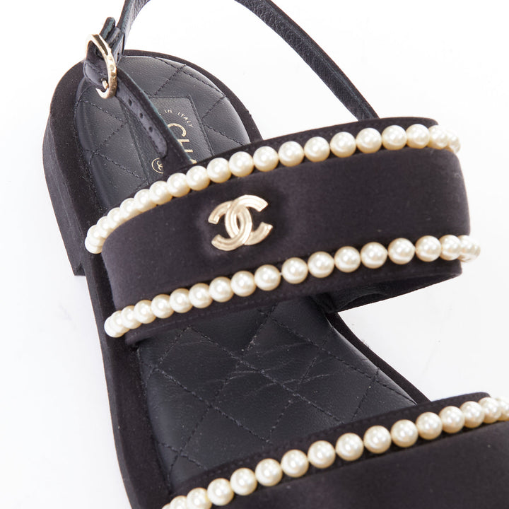 CHANEL 2022 black pearl embellished satin CC flat dad sandals EU36.5