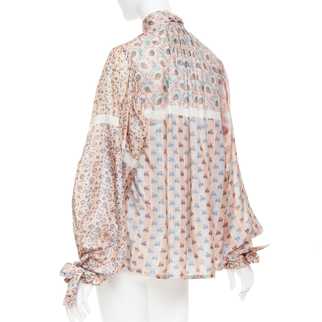 LOUIS VUITTON 2018 Runway 100% silk pink floral stripes pussybow blouse FR36 S